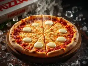 Goudbruine diepvriespizza met gesmolten mozzarella op houten plank, stoom stijgt op met ijskristallen rondom