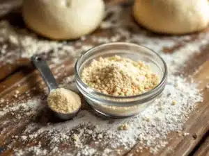 Actieve droge gist in glazen kom op bemeeld werkblad met pizzadeeg op de achtergrond