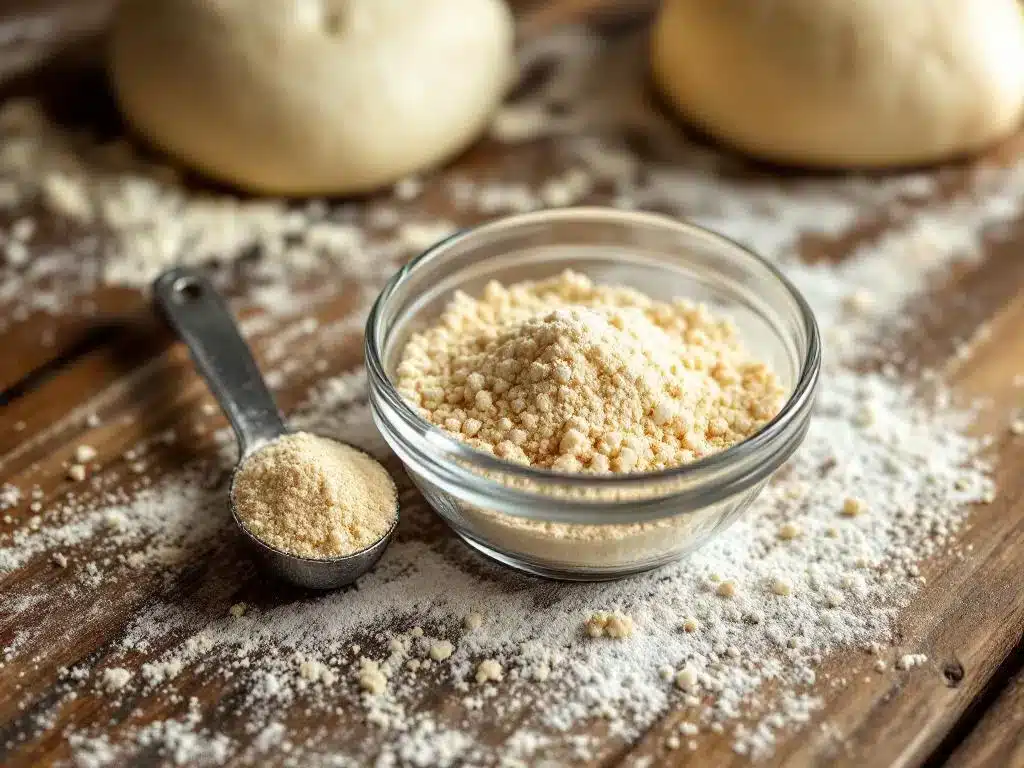 Actieve droge gist in glazen kom op bemeeld werkblad met pizzadeeg op de achtergrond