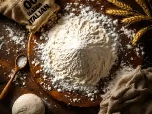 Italiaans 00-bloem met krater op rustieke houten tafel, juten zak en tarwestengels in warm licht