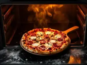 Goudkleurige Napolitaanse pizza met gesmolten kaas wordt uit een hete oven getrokken op houten schep