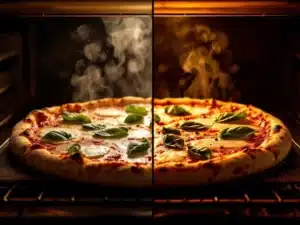 Twee Napolitaanse pizza's bakken in oven met convectie links en traditionele elementen rechts, bruinende korst en gesmolten kaas