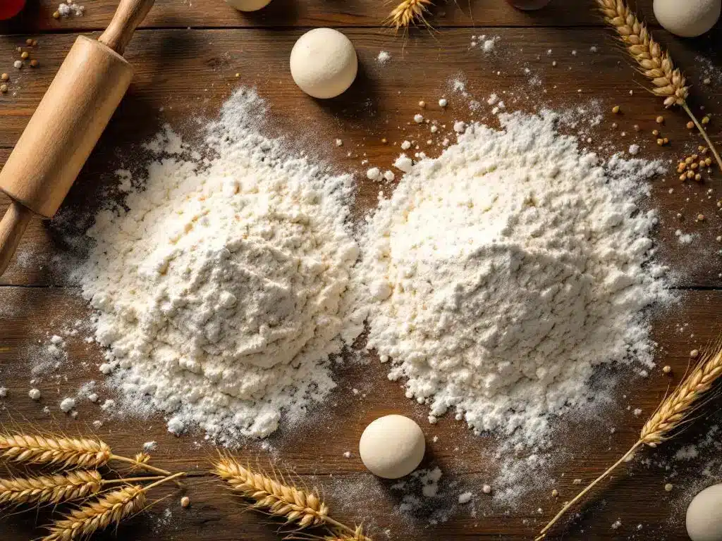 Twee hopen bloem op houten tafel met pizzadeeg, deegroller en tarwekorrels in rustieke keuken