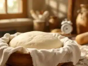 Ambachtelijk pizzadeeg in houten kom met linnen doek, rustend op met bloem bestoven werkblad in warme keuken