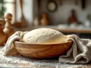Pizzadeeg in houten kom met linnen doek op rustieke keukentafel, natuurlijk licht, Italiaanse sfeer