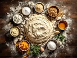 Pizzadeeg ingrediënten in cirkelvorm op houten tafel met meel, olijfolie, gist, zout en honing in kommen