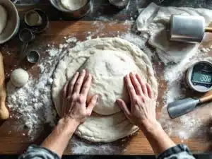 Handen kneden pizzadeeg op houten werkblad met bloem, omringd door deegschraper, deegroller en weegschaal