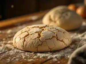 Gescheurde pizzadeeg met droge plekken op bemeel houten oppervlak, perfecte deegbal op achtergrond