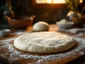 Mislukte platte pizzadeeg op houten werkblad met perfect gerezen deeg op achtergrond, omringd door ingrediënten