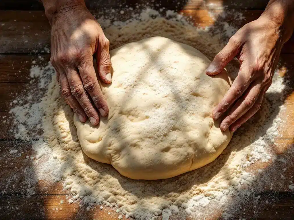 Handen kneden pizzadeeg met deegrol op houten tafel, met stuivend meel in warm zonlicht