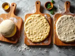 Drie houten pizzascheppen met ambachtelijk pizzadeeg in verschillende stadia op marmeren aanrecht met meel