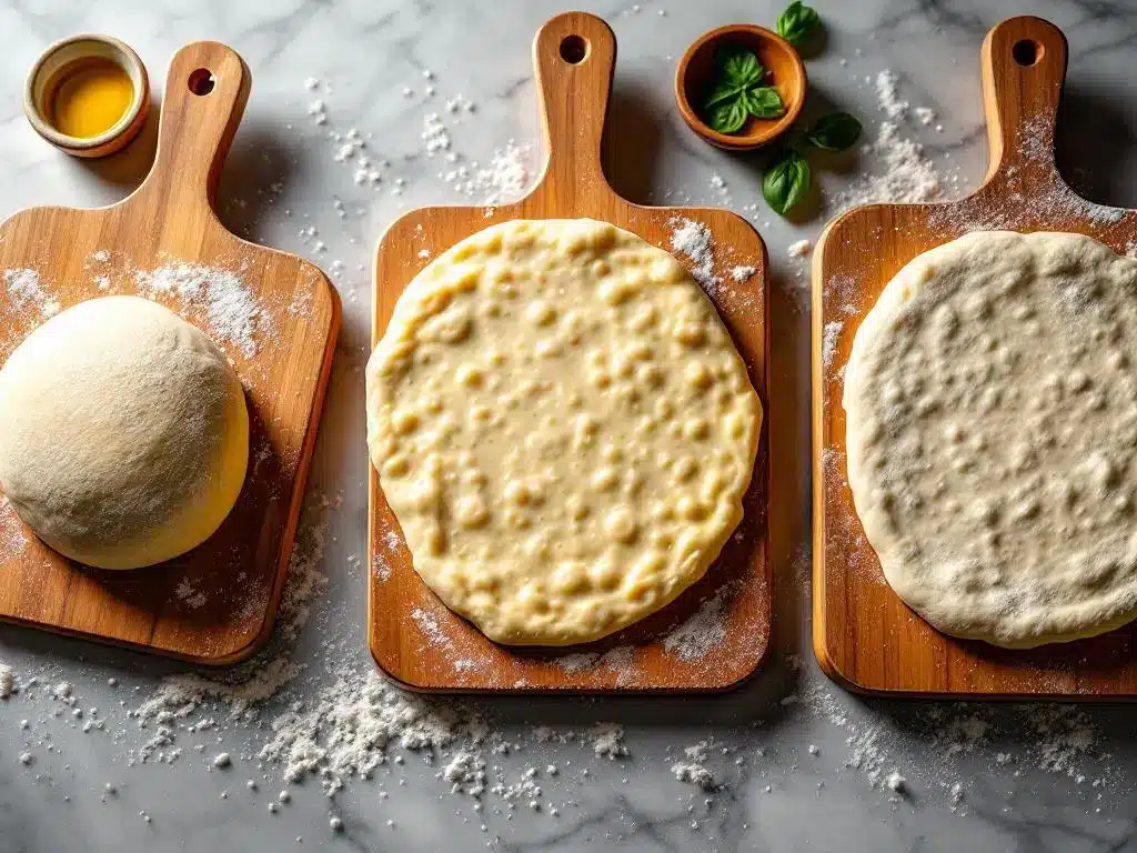 Drie houten pizzascheppen met ambachtelijk pizzadeeg in verschillende stadia op marmeren aanrecht met meel