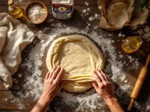 Handen rekken gouden pizzadeeg op houten tafel met bloem, gist, olijfolie en Italiaanse ingrediënten