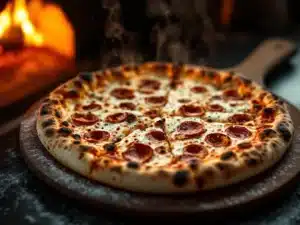 Knapperige goudbruine pizzabodem met gestippelde verkoling op houten pizzaschep met semolina