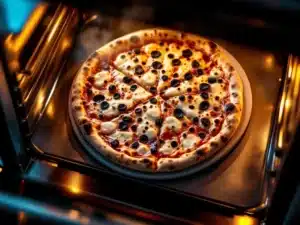 Napolitaanse pizza met gesmolten mozzarella op pizzasteen in hete oven met gloeiende verwarmingselementen