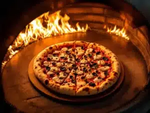 Neapolitaanse pizza met luipaardvlekken op houten schep in professionele pizzaoven met oranje vlammen


Note: This alt text is 113 characters and captures the essential elements while staying within the 125-character limit.