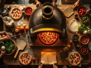 Traditionele pizza-oven op houten tafel met vlammen, verse ingrediënten en Napolitaanse pizza in huiselijke sfeer