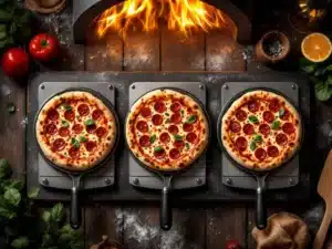 Drie pizzaovens met Napolitaanse pizza's op rustieke houten ondergrond, met vlammen en pizzagereedschap