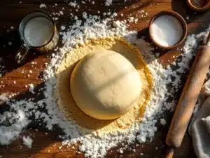 Ronde bal pizzadeeg op met bloem bestoven houten tafel met gist, water en deegroller in rustieke keuken