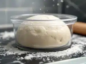 Verse pizzadeeg in luchtdichte glazen container in koelkast met condensdruppels en meel, klaar voor bereiding