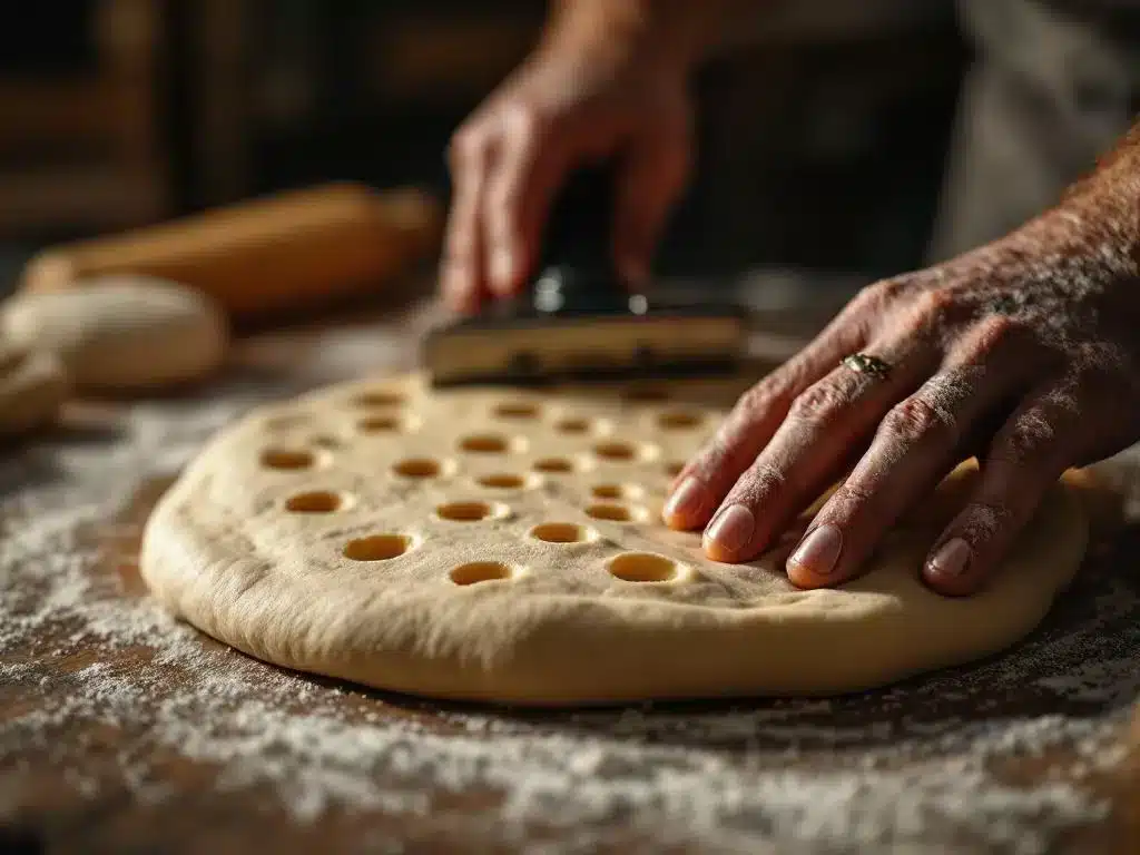 Handen gebruiken dockertool om gaten in pizzadeeg te prikken op houten werkblad met meel