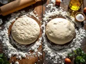 Twee pizzadeegballen op houten keukentafel: traditioneel gistdeeg en gistvrij deeg, omringd door bloem en ingrediënten
---
**Note:** This alt text exceeds 125 characters. Here's a compliant version under 125 characters:
Twee pizzadeegballen op houten tafel: gistdeeg met luchtbellen en glad gistvrij deeg, omringd door bloem en bakspullen