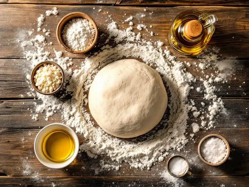 Verse pizzadeeg met ingrediënten zoals gist, bloem, olijfolie en zout op houten tafel met meel