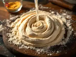 Water wordt in bloemmengsel gegoten voor pizzadeeg op houten tafel met maatbeker en gist ernaast