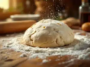 Mislukt pizzadeeg op houten werkblad met gescheurde structuur en plakkerige textuur, pizzagereedschap op achtergrond