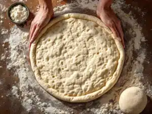 Verse pizzadeeg wordt met de hand uitgerold op met bloem bestoven houten tafel met natuurlijk licht