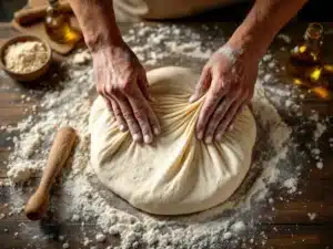 Handen die pizzadeeg uitrekken op houten tafel met opwaaiende bloem, omringd door ingrediënten in warm licht