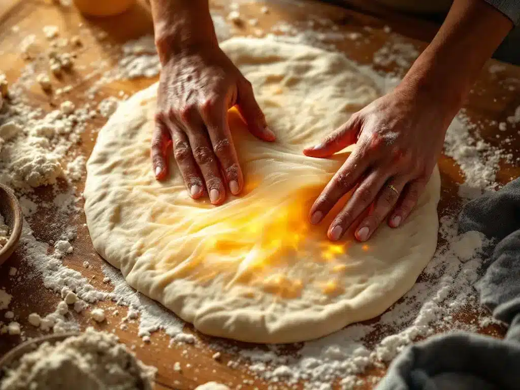 Handen die doorschijnend pizzadeeg uitrekken op bemeel houten werkblad met gouden verlichting en zuurdesemstarter
Note: This is 122 characters and captures the essential elements while staying within the requirements.