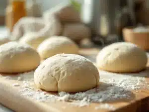 Bevroren pizzadeegballen op houten snijplank, één deegbal ontdooit met condensdruppels in warme keukenomgeving