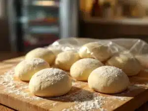 Verse pizzadeegballen op houten snijplank, één ingepakt in plastic voor invriezen, met open vriezer op achtergrond