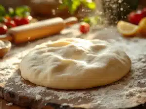 Handen die verse pizzadeeg uitrekken met meelstof in warme verlichting, houten werkblad met ingrediënten op achtergrond