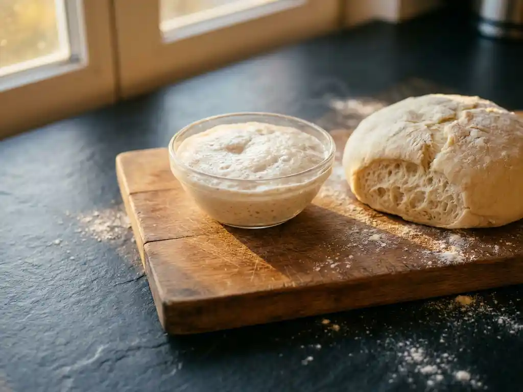 Actief gistmengsel met schuimbellen in glazen kom naast gerezen pizzadeeg op houten snijplank, warm keukenlicht