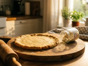 Rond goudkleurig pizzadeeg van amandelmeel op houten snijplank, met glazen pot amandelmeel en deegroller in warm zonlicht