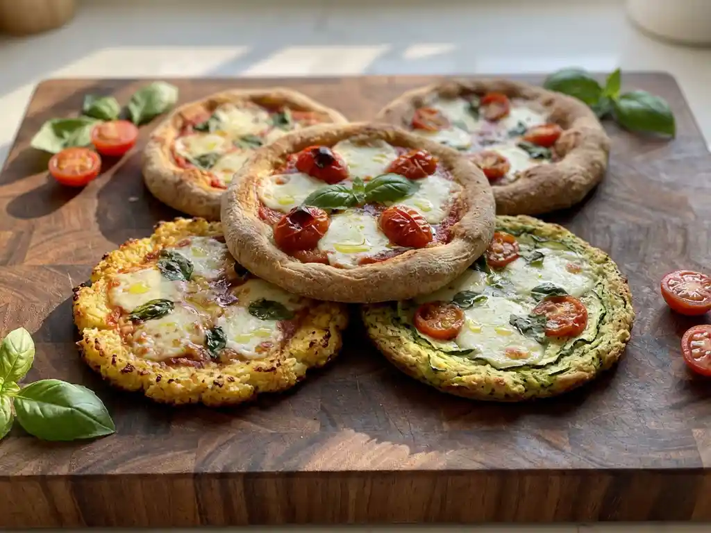 Vijf ambachtelijke minipizza's met bloemkool- en courgettebodems op een houten snijplank met basilicum en tomaten
