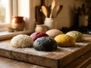 Zes ambachtelijke pizzadeegbollen in verschillende kleuren op een rustieke houten snijplank, bestoven met bloem in warm licht