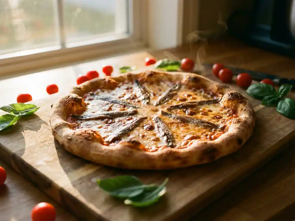 Vers gebakken pizza met ansjovis op gesmolten mozzarella, op houten snijplank met cherrytomaatjes en basilicum