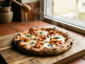Versgebakken artisanale pizza met gesmolten mozzarella, krokante prosciutto en honing die van een houten lepel druipt