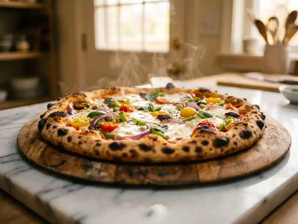 Versgebakken artisanale pizza met gouden mozzarella, verkoolde korst en verse basilicum op houten pizzaschep