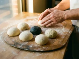 Zeven ambachtelijke pizzadeegbollen op een rustieke houten pizzaschep, met melige handen die deeg vormen op de achtergrond.