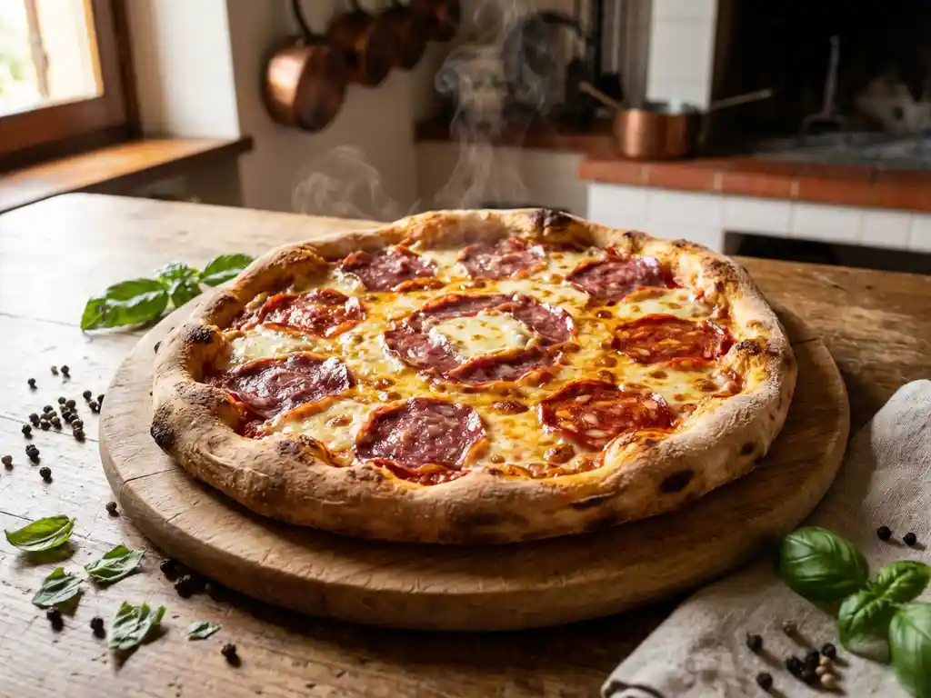 Versgebakken pizza met goudbruine kaas en ambachtelijke salami in spiraalpatroon op rustieke houten plank met basilicum