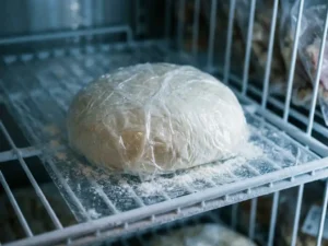 Bal vers pizzadeeg in plastic folie op bevroren metalen vriezerplank met ijskristallen en meelresten