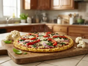 Vers gebakken bloemkoolpizza met gesmolten kaas en kleurrijke toppings op een houten snijplank, stoom stijgt op