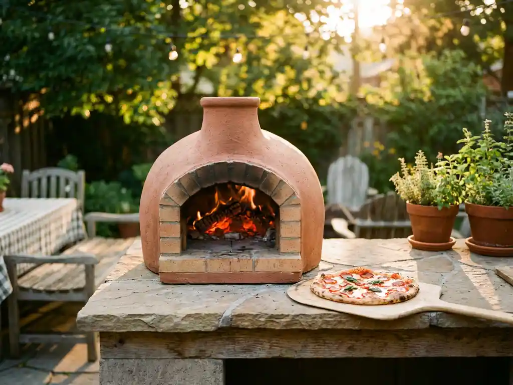 Compacte buitenpizzaoven met gloeiende sintels naast versgebakken pizza op houten schep, zonnig terras met groen