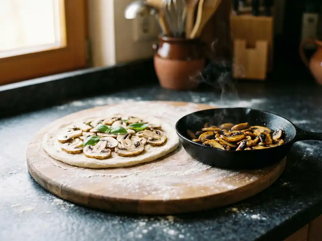 Ongebakken pizza met rauwe champignons op houten snijplank naast gietijzeren pan met gebakken champignons