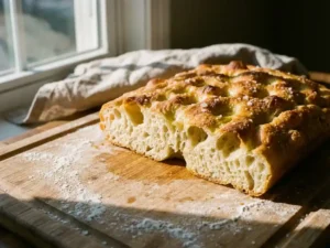 Vers gebakken gouden focaccia met knapperige korst, zeezout en olijfolie op een houten snijplank in ochtendlicht