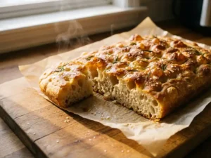 Vers gebakken focaccia met krokante korst, olijfolie en rozemarijn op een houten snijplank in warm zonlicht